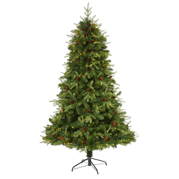 7’ Wellington Spruce “Natural Look” Artificial Christmas Tree with 400 Clear LED Lights and Pine Cones