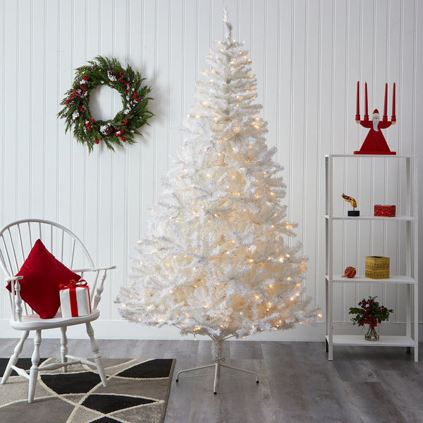 7' White Artificial Christmas Tree with 1000 Bendable Branches and 350 Clear LED Lights