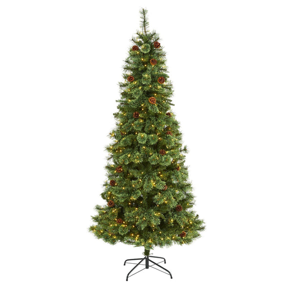 7’ White Mountain Pine Artificial Christmas Tree with 400 Clear LED Lights and Pine Cones