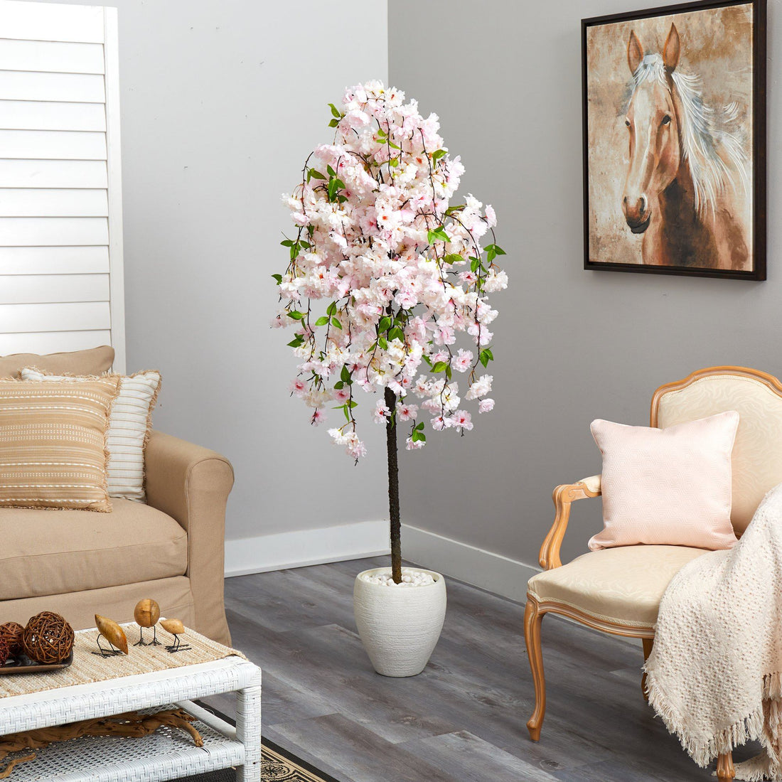Nearly Natural 70in. Cherry Blossom Artificial Tree in White Planter