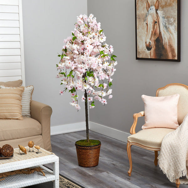 70” Cherry Blossom Artificial Tree in Wicker Planter