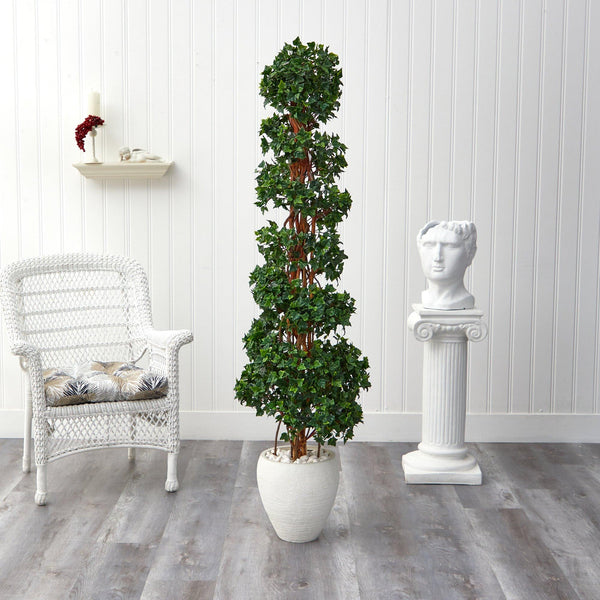 70” Artificial English Ivy Topiary Spiral Tree in White Planter (Indoor/Outdoor)