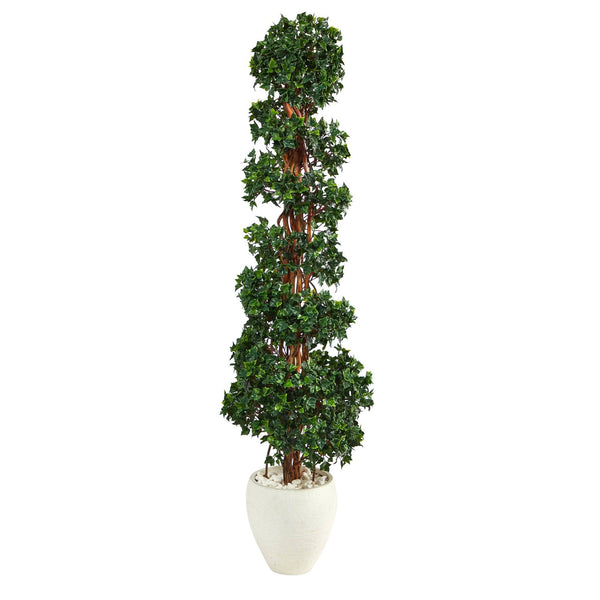 70” Artificial English Ivy Topiary Spiral Tree in White Planter (Indoor/Outdoor)