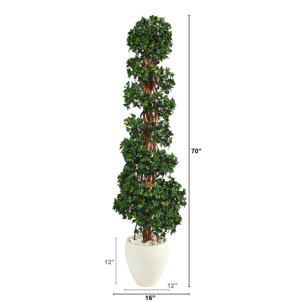 70” Artificial English Ivy Topiary Spiral Tree in White Planter (Indoor/Outdoor)
