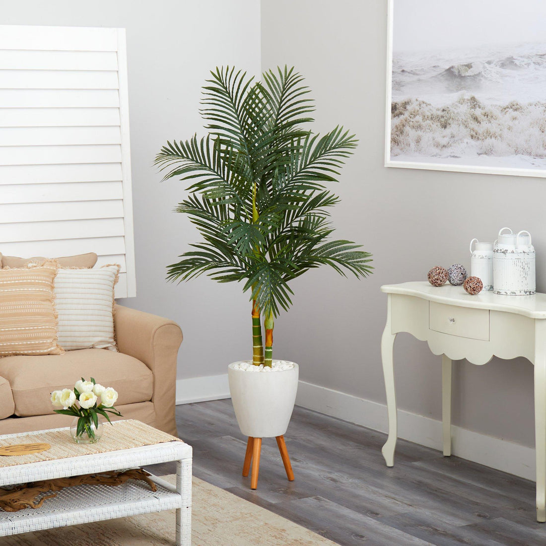 white planter with stand indoor 70” Golden Cane Artificial Palm Tree in White Planter with Stand