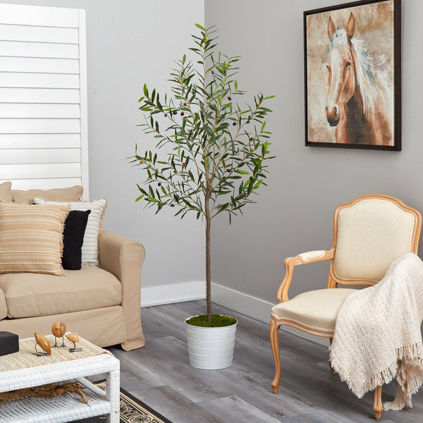 70” Olive Artificial Tree in White Tin Planter