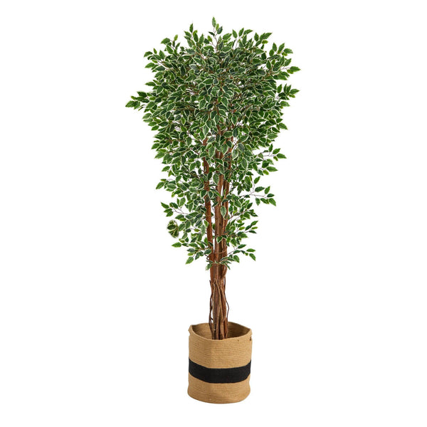 70” Variegated Ficus Artificial Tree in Handmade Natural Cotton Planter UV Resistant (Indoor/Outdoor)