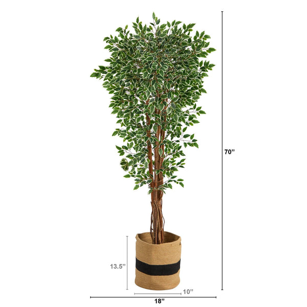 70” Variegated Ficus Artificial Tree in Handmade Natural Cotton Planter UV Resistant (Indoor/Outdoor)