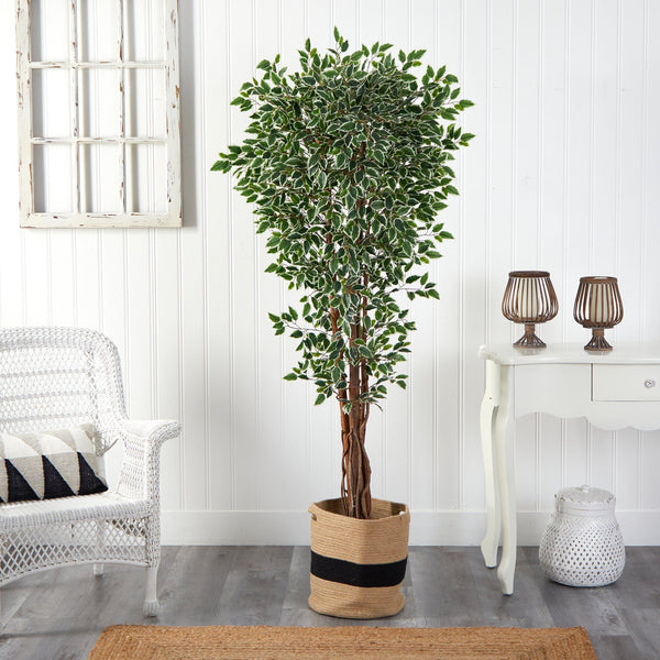 70” Variegated Ficus Artificial Tree in Handmade Natural Cotton Planter UV Resistant (Indoor/Outdoor)