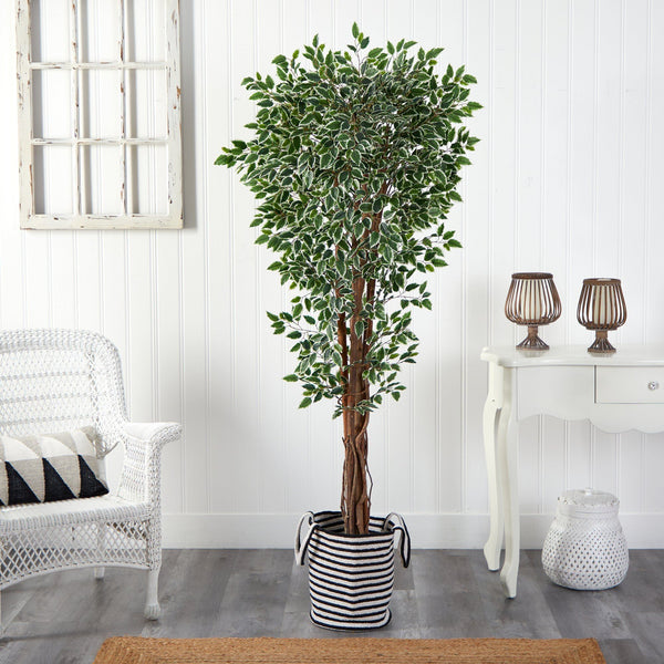 70” Variegated Ficus Tree in Handmade Black and White Natural Jute and Cotton Planter UV Resistant