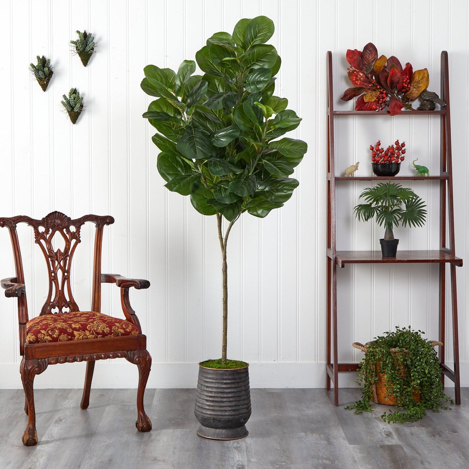 74” Fiddle leaf Fig Artificial Tree in Ribbed Metal Planter