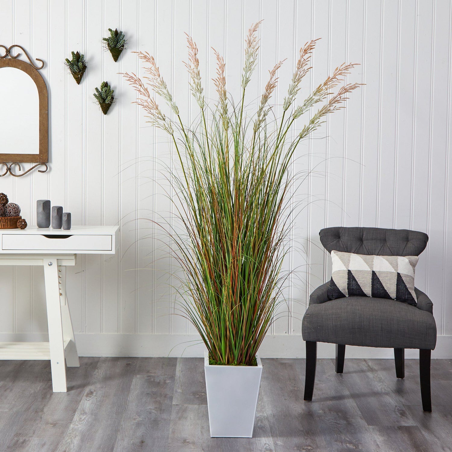 74” Grass Artificial Plant in White Metal Planter