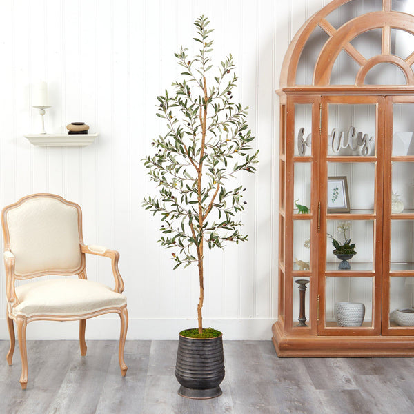 74” Olive Artificial Tree in Ribbed Metal Planter