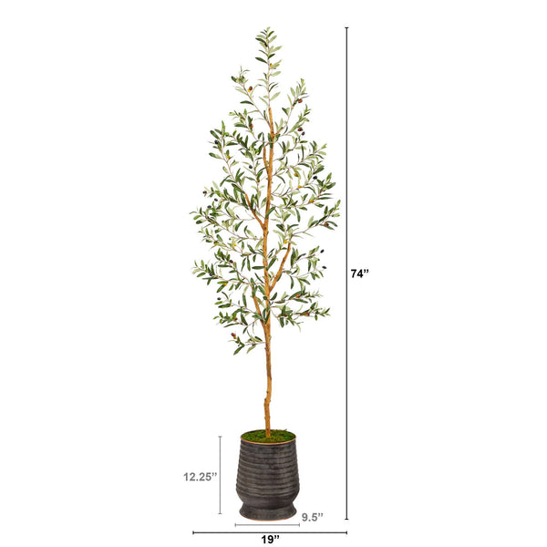 74” Olive Artificial Tree in Ribbed Metal Planter