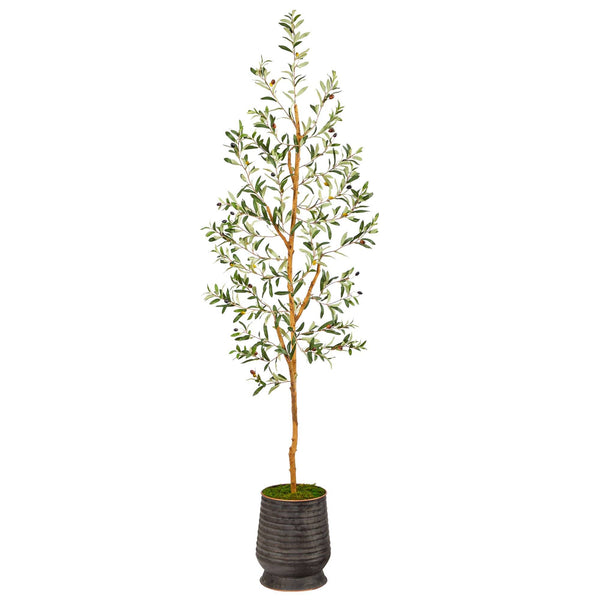 74” Olive Artificial Tree in Ribbed Metal Planter