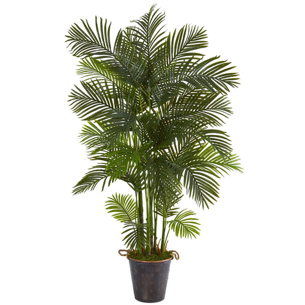 75” Areca Palm Artificial Tree in Decorative Metal Pail with Rope