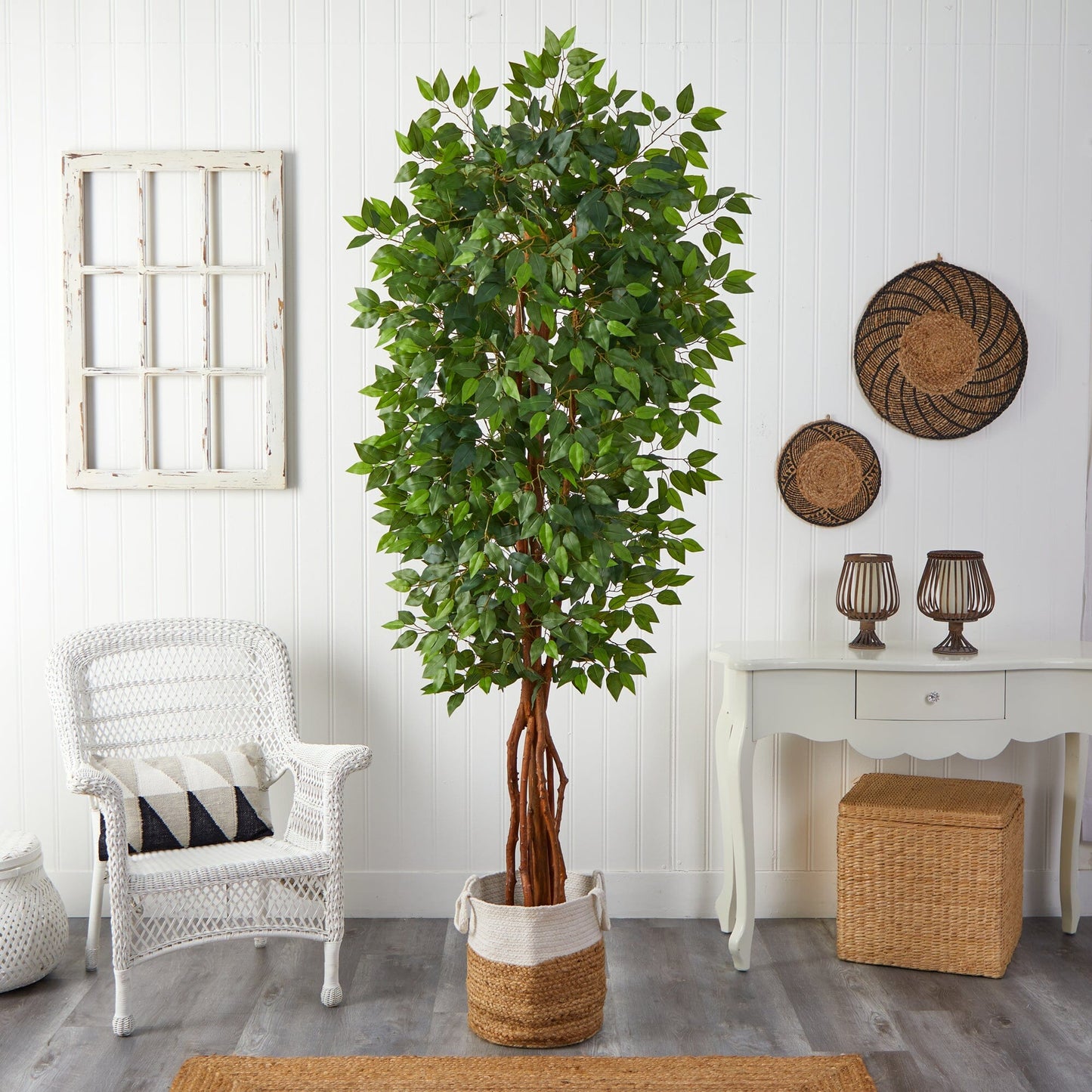 7.5' Artificial Deluxe Ficus Tree with Handmade Jute & Cotton Basket ...