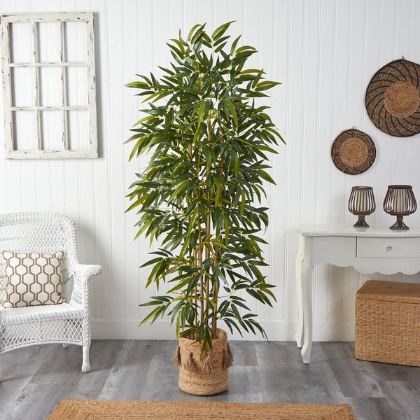 75” Bamboo Artificial Tree in Handmade Natural Jute Planter with Tassels