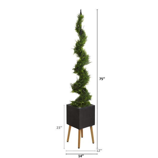 75” Cypress Artificial Spiral Tree in Black Planter with Stand