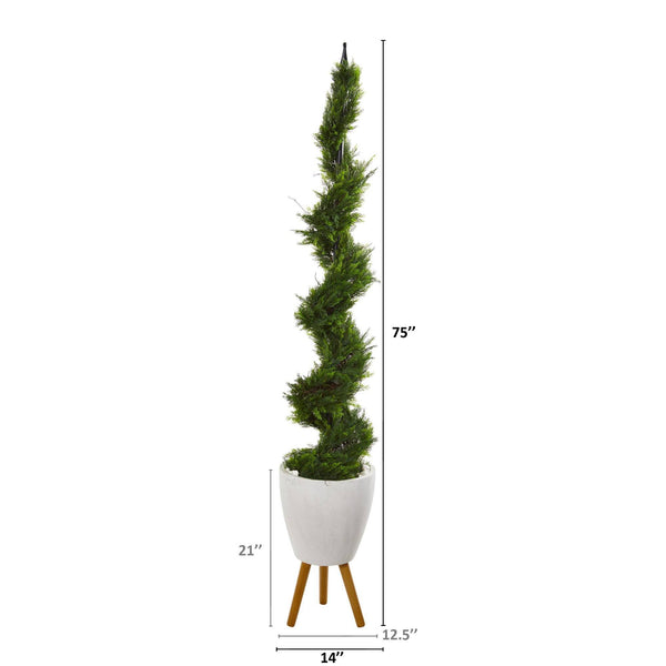 75” Cypress Artificial Spiral Tree in White Planter with Stand