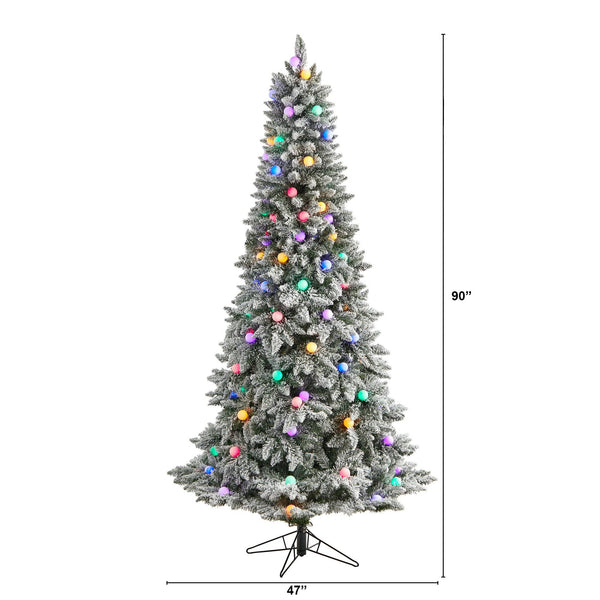7.5' Flocked British Columbia Mountain Fir Artificial Christmas Tree with 95 Multi Color Globe Bulbs and 1113 Branches