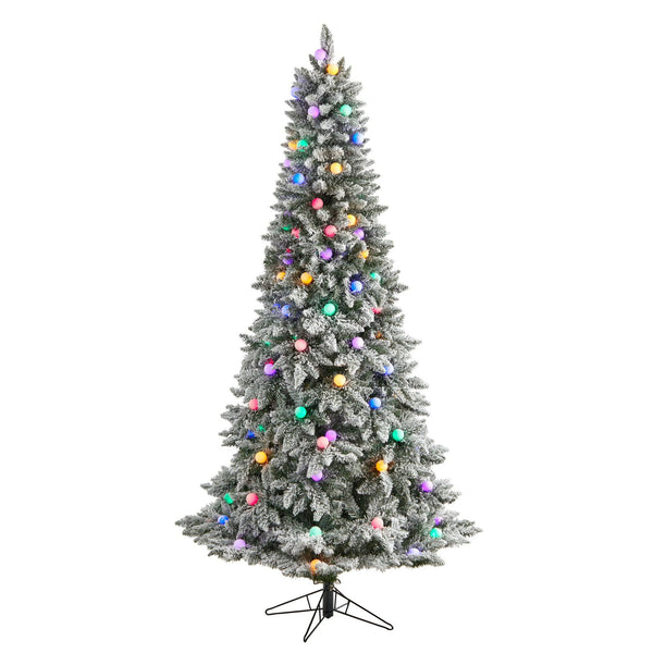 7.5' Flocked British Columbia Mountain Fir Artificial Christmas Tree with 95 Multi Color Globe Bulbs and 1113 Branches