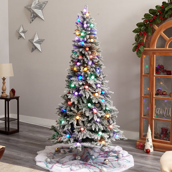 7.5' Flocked British Columbia Mountain Fir Artificial Christmas Tree with 95 Multi Color Globe Bulbs and 1113 Branches