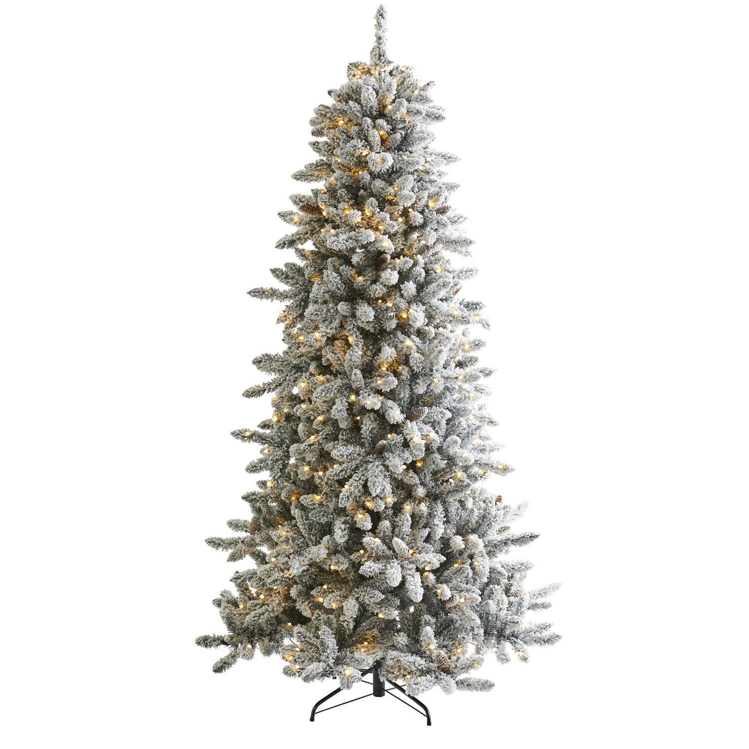 7.5’ Flocked Livingston Fir Artificial Christmas Tree with Pine Cones and 500 Clear Warm LED Lights