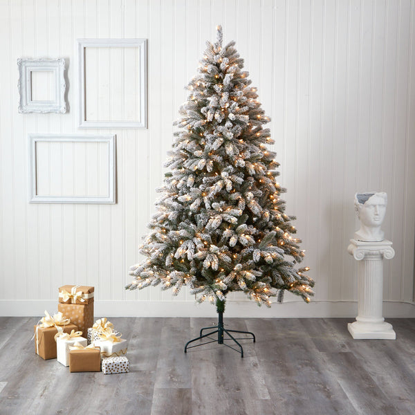 7.5’ Flocked South Carolina Spruce Artificial Christmas Tree with 600 Clear Lights and 1537 Bendable Branches