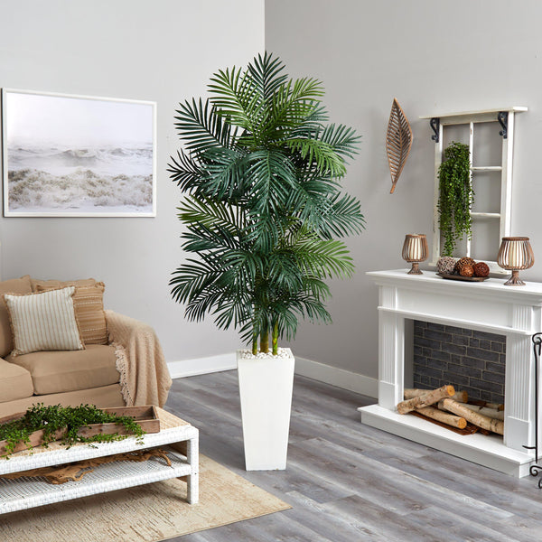 7.5' Golden Cane Palm Artificial Tree in White Tower Planter