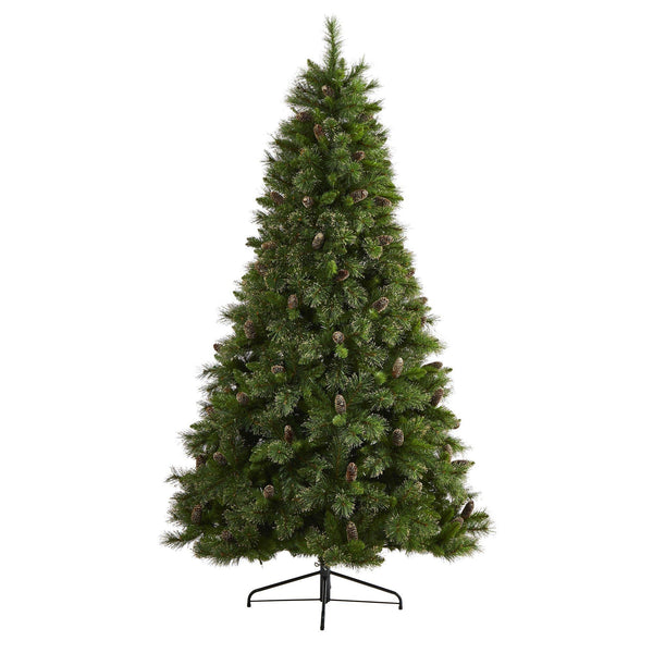 7.5’ Golden Tip Washington Pine Artificial Christmas Tree with 600 Clear Lights, Pine Cones and 1568 Bendable Branches