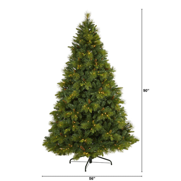 7.5’ North Carolina Mixed Pine Artificial Christmas Tree with 470 Warm White LED Lights, 1895 Bendable Branches and Pinecones