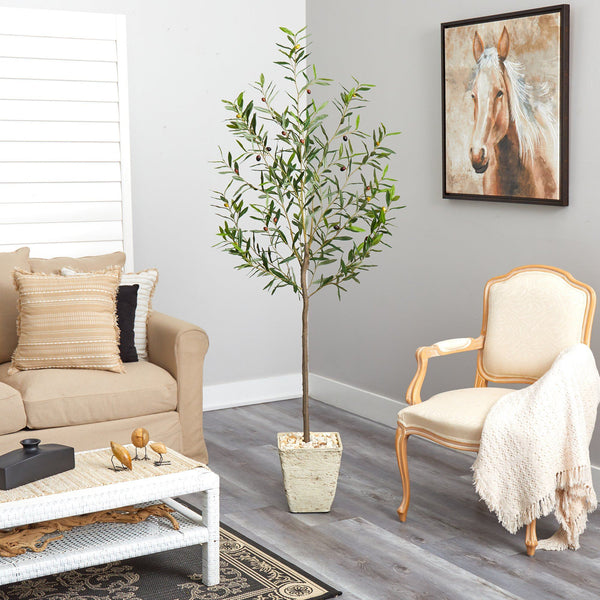 75” Olive Artificial Tree in Country White Planter