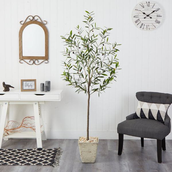 75” Olive Artificial Tree in Country White Planter