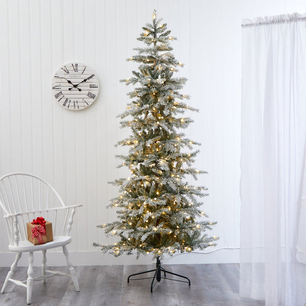 7.5’ Slim Flocked Nova Scotia Spruce Artificial Christmas Tree with 450 Warm White LED Lights and 909 Bendable Branches