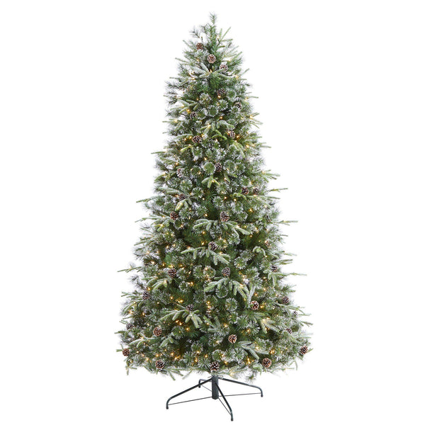 7.5’ Snowed Tipped Clermont Mixed Pine Artificial Christmas Tree with 600 Clear LED Lights, Pine Cones and 1784 Bendable Branches