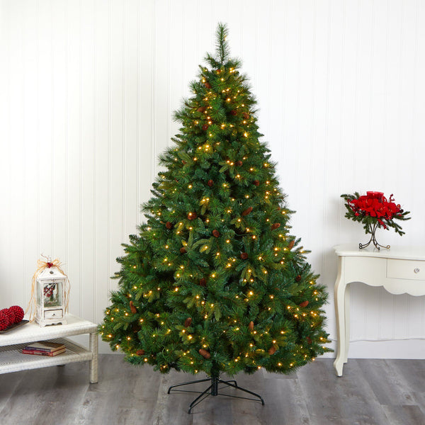 7.5’ West Virginia Full Bodied Mixed Pine Artificial Christmas Tree with 600 Clear LED Lights and Pine Cones