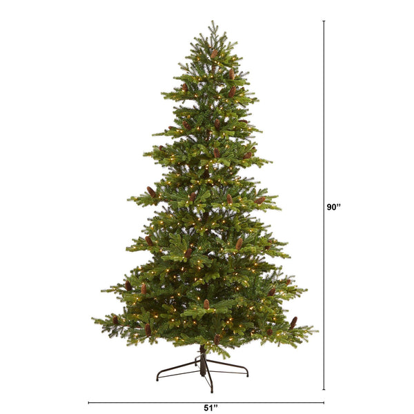 7.5’ Yukon Mountain Fir Artificial Christmas Tree with 600 Clear Lights, Pine Cones and 1740 Bendable Branches