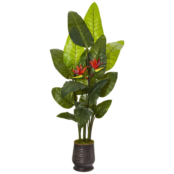 76” Bird of Paradise Artificial Plant in Ribbed Metal Planter (Real Touch)