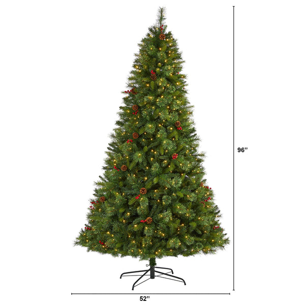 8’ Aberdeen Spruce Artificial Christmas Tree with 500 Clear LED Lights, Pine Cones and Red Berries