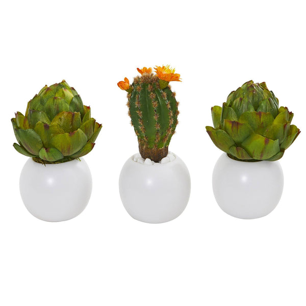 8” Artichoke and Cactus Artificial Plant in White Planter (Set of 3)