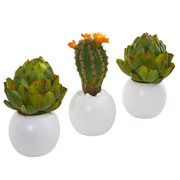 8” Artichoke and Cactus Artificial Plant in White Planter (Set of 3)