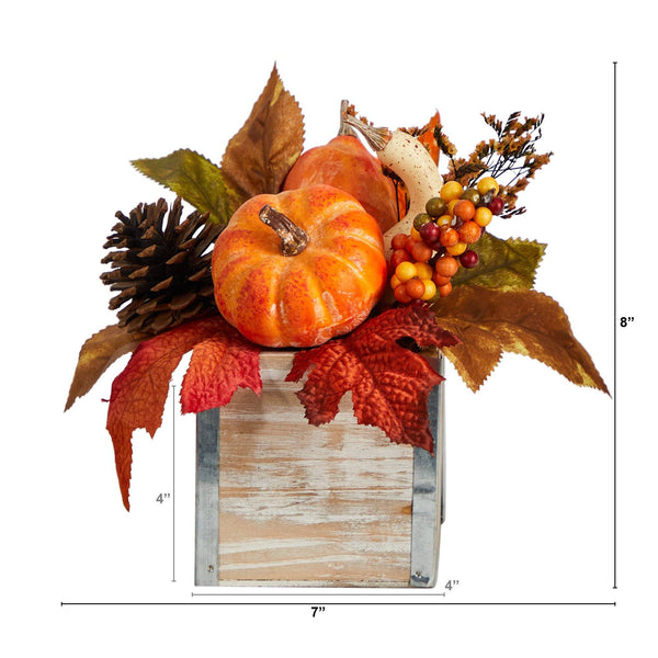 8” Fall Pumpkin, Gourd, Berries and Pinecones Artificial Autumn  Arrangement in Natural Washed Vase
