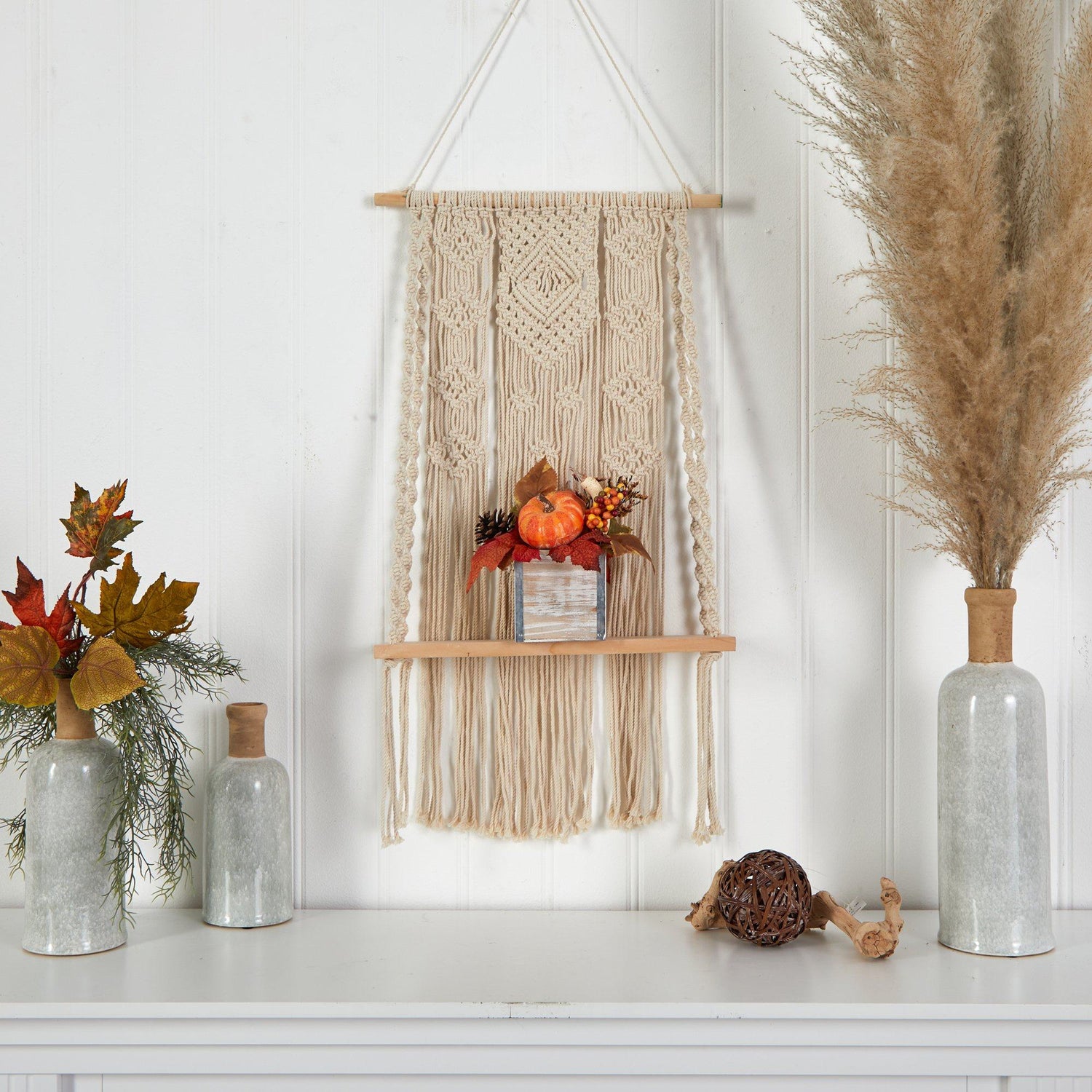 8” Fall Pumpkin, Gourd, Berries and Pinecones Artificial Autumn  Arrangement in Natural Washed Vase