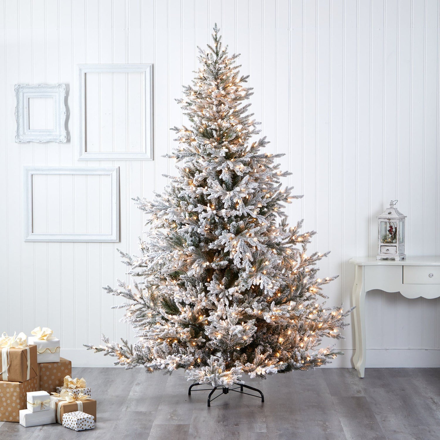 8’ Flocked Fraser Fir Artificial Christmas Tree with 800 Warm White Lights and 4892 Bendable Branches