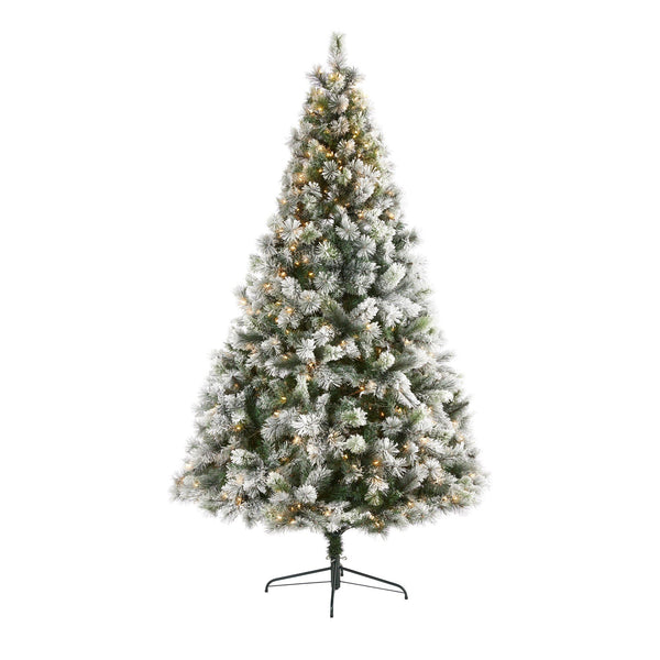 8’ Flocked Oregon Pine Artificial Christmas Tree with 500 Clear Lights and 1172 Bendable Branches