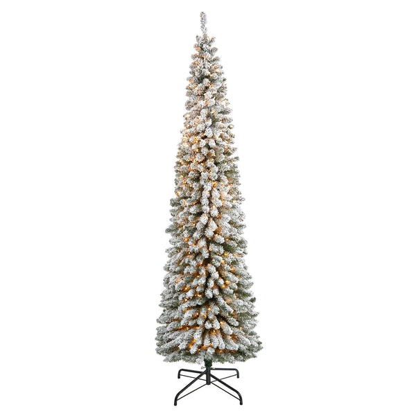 8’ Flocked Pencil Artificial Christmas Tree with 500 Clear Lights and 646 Bendable Branches