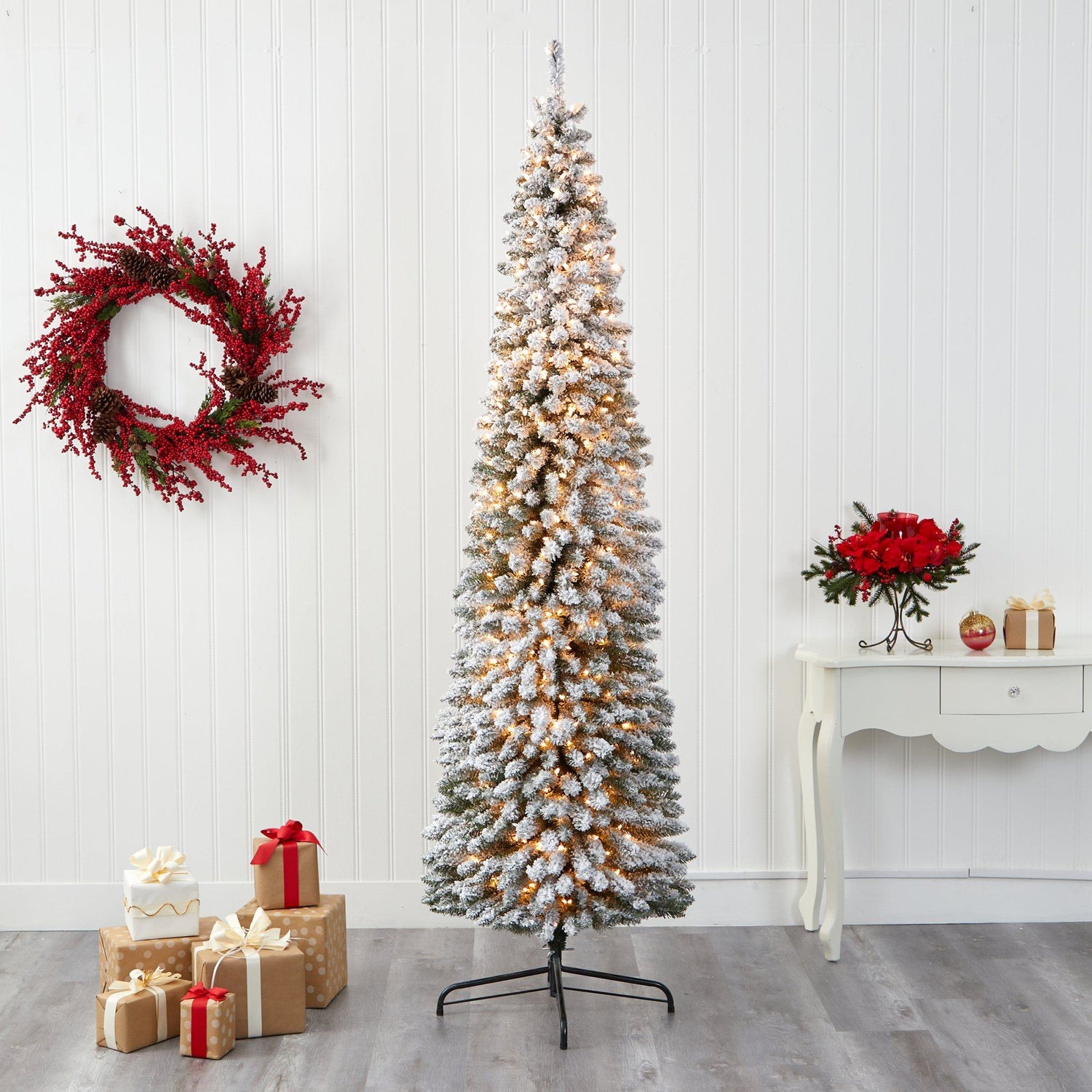 8’ Flocked Pencil Artificial Christmas Tree with 500 Clear Lights and 646 Bendable Branches