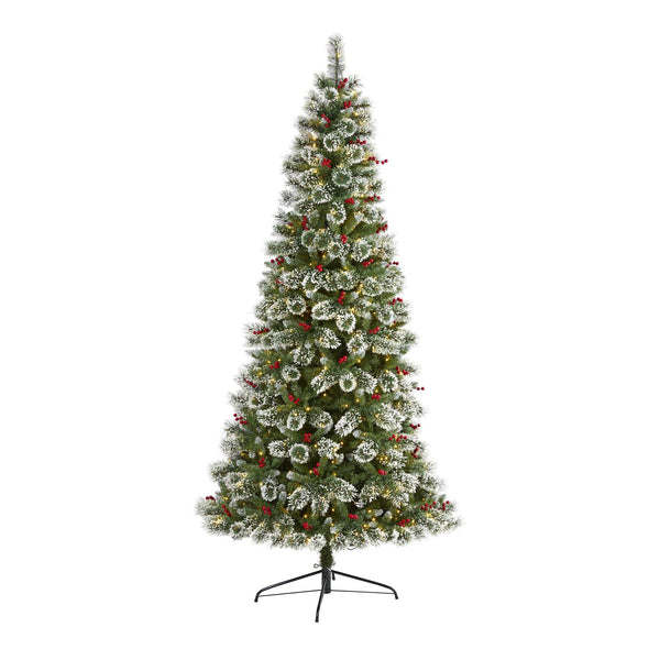 8’ Frosted Swiss Pine Artificial Christmas Tree with 550 Clear LED Lights and Berries