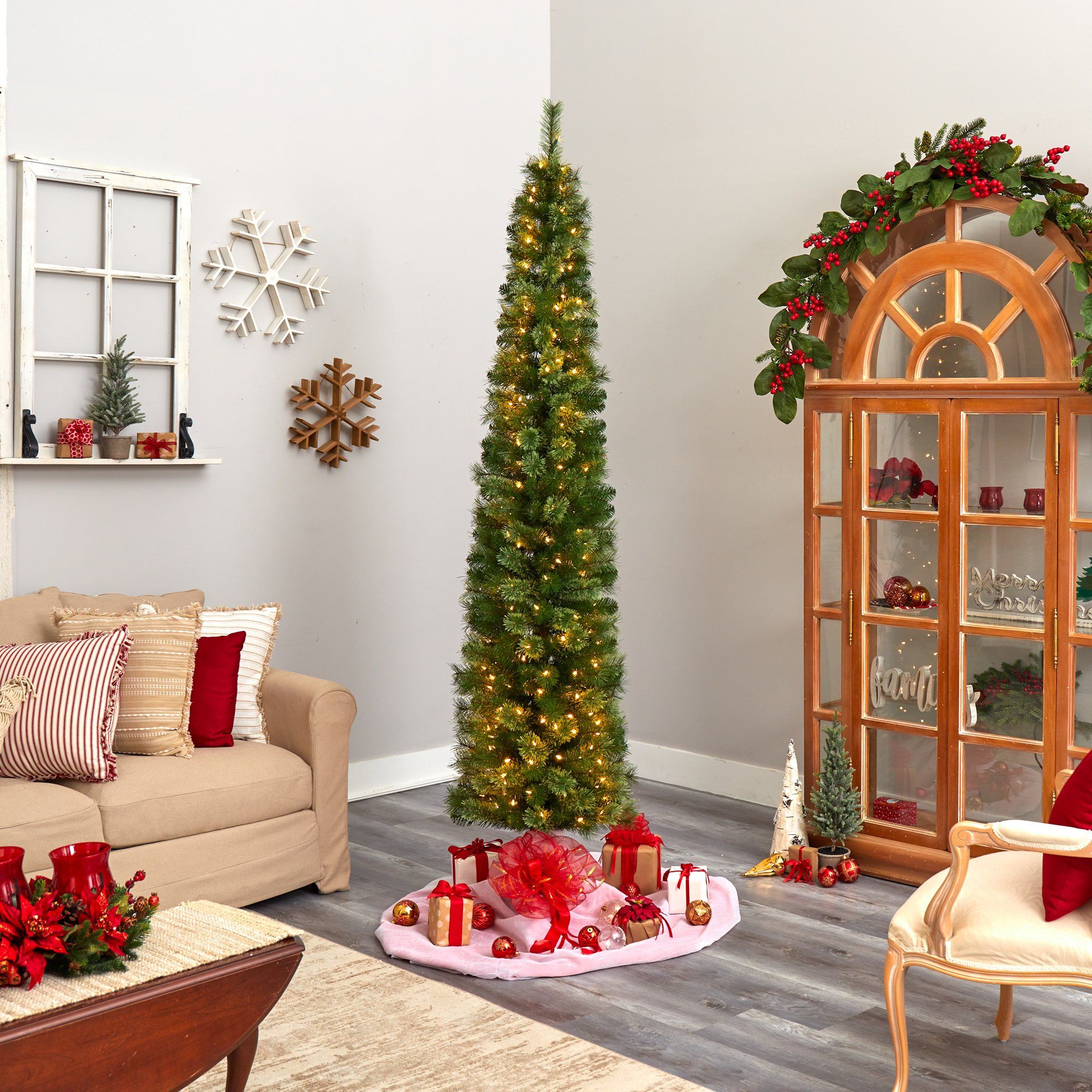 8' Green Pencil Christmas Tree with 200 Clear (Multifunction) LED